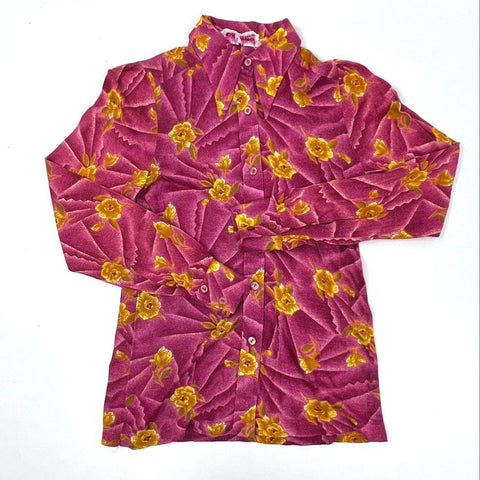 Vintage 70s Lady Ronnie Women's Pink Floral Dagger Collar Button Up Blouse Sz 36