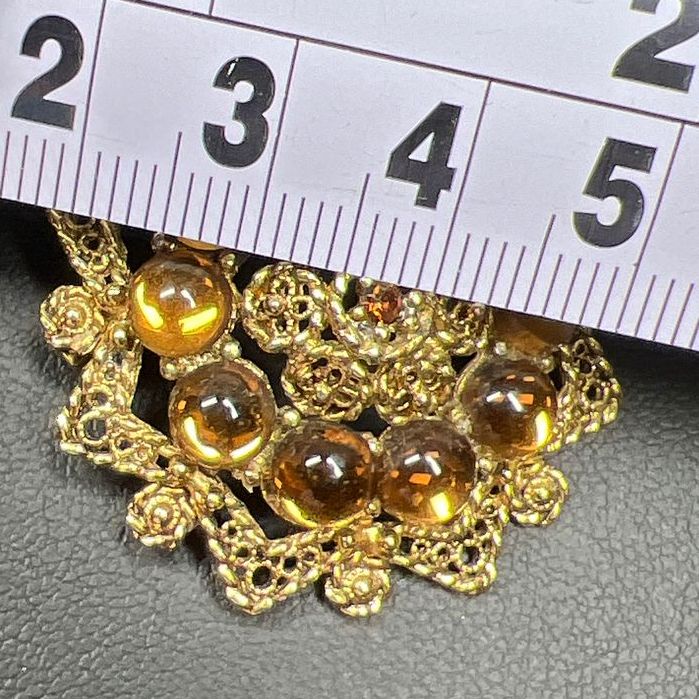 Vintage Style Brown Rhinestone Gold Tone Filigree Brooch
