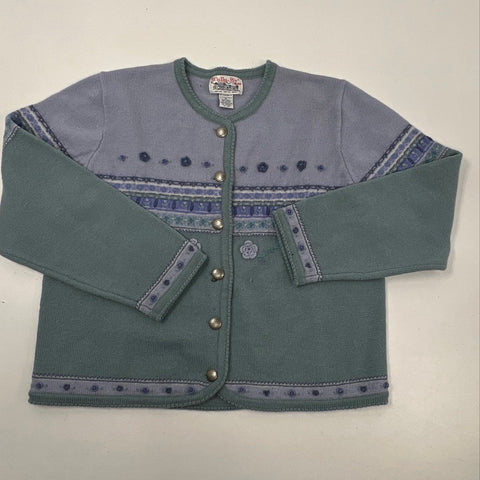 Vintage 90s Tally Ho Women's Sage Green Purple Floral Wool Cardigan Sweater XL