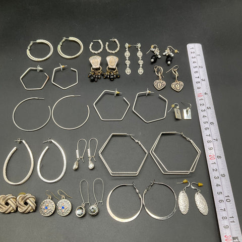 Vintage Silver Tone Costume Jewelry Lot of 18 Pairs Earrings Hoops Dangles