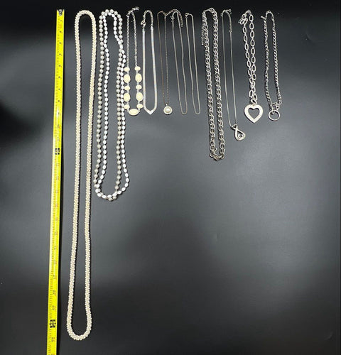 Vintage & Modern Costume Jewelry Lot of 12 Necklaces Silver Tone Faux Pearl