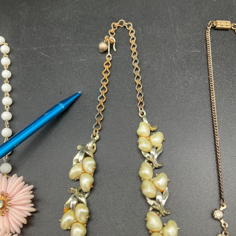 Vintage Costume Jewelry Lot of 5 Necklaces Faux Pearl Rhinestone Floral Wear