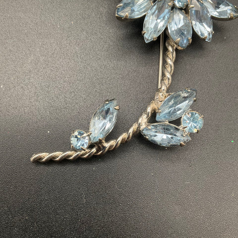 Vintage Mid-Century Silver Tone Light Blue Rhinestone Flower Spray Brooch 4.25"
