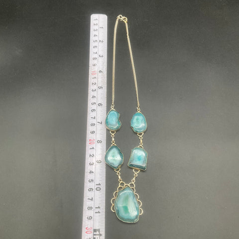 Teal Agate Geode Slice Statement Necklace Silver Tone Bezel Link 20"