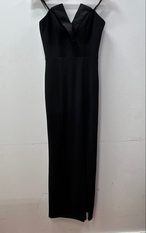 Betsy & Adam Women's Black Tuxedo V-Front Satin Lapel Maxi Dress Gown Sz 2 NWT