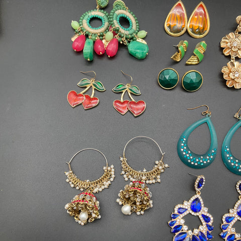 Statement Fashion Earrings Lot of 12 Gold Tone Boho Crystal Floral Beaded