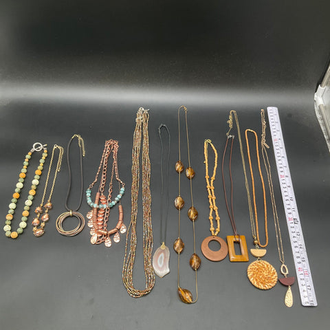Boho Statement Jewelry Lot of 11 Necklaces Wood Agate Wicker Copper Tone Earthy