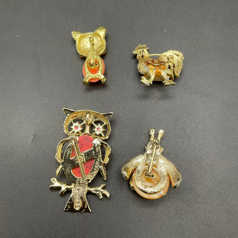 Vintage Costume Jewelry Animal Brooch Lot 4 Gerry's Owl Cat Rooster Insect