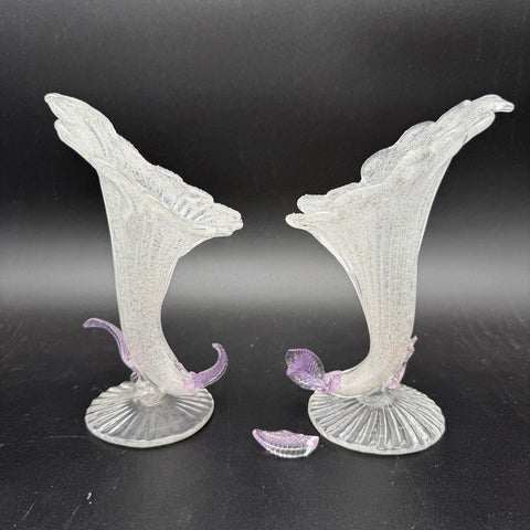 Antique Art Glass Vase Set of 2 Crackle Ice Texture Purple Leaf Accent C.1900