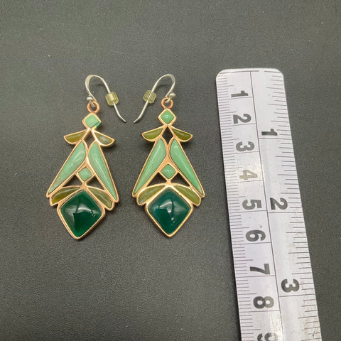 Barse Green Stone Geometric Drop Earrings 925 Sterling Silver Ear Wires 2.5"