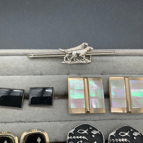 Vintage Mens Cufflinks Tie Bar Lot 7 Sets Figural Dog Fish MOP Mid Century