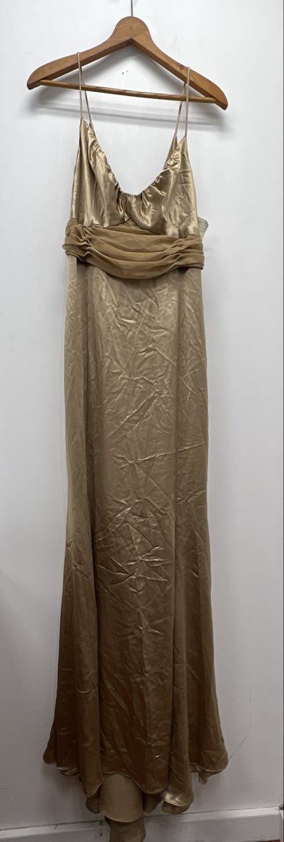 Vera Wang Maids Women's Almond Gold Ruched Spaghetti Strap Formal Gown Sz 10