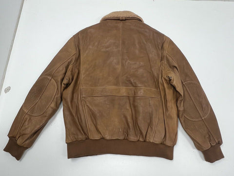 Vintage Y2K Madison Creek Brown Leather Sherpa Collar Flight Bomber Jacket Mens