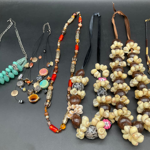 Boho Tropical Shell Beaded Necklace Jewelry Lot 7pcs Kukui Nut Bib Multi-Strand