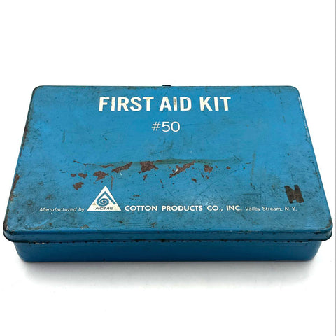 Vintage Acme First Aid Kit #50 Blue Metal Box Medical Supplies Display Piece