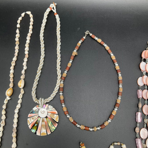 Vintage to Modern Shell & Wood Necklace Lot 7 Pieces Mother of Pearl Abalone