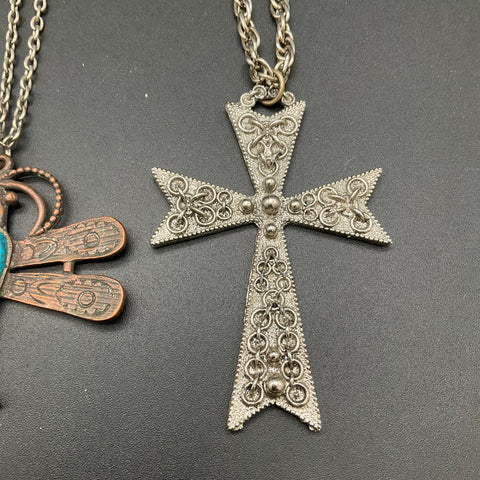 Vintage Boho Southwestern Necklace Jewelry Lot of 3 Cross Dragonfly Pendants