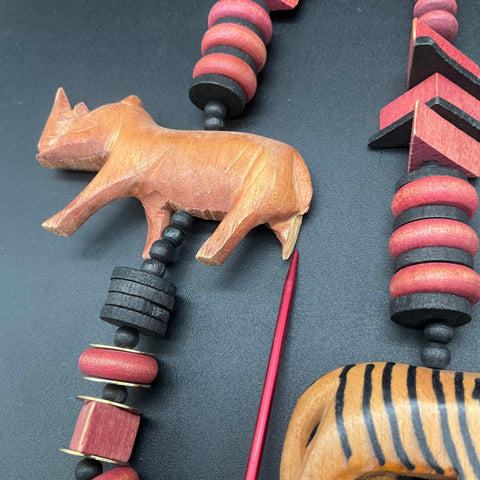 Vintage Hand Carved Wood Animal & Painted Fish Charm Necklaces Jewelry Lot of 2