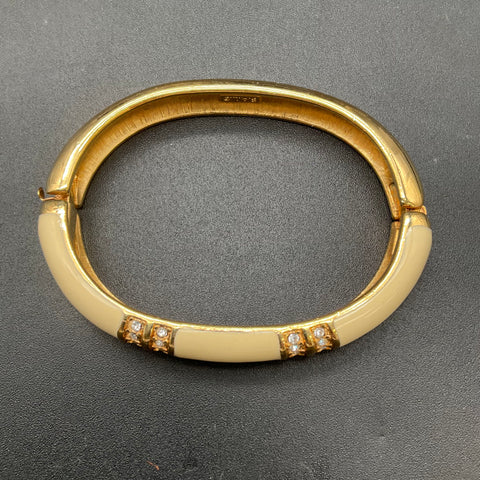 Vintage Swarovski Gold Tone Cream Enamel Crystal Hinged Bangle Bracelet 6.5"