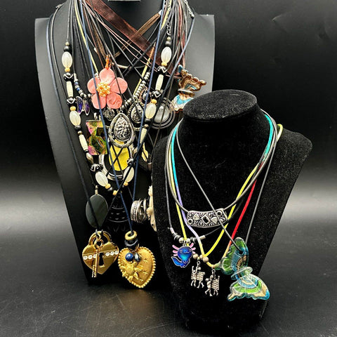 Vintage to Modern Costume Jewelry Lot 25pc Corded Necklaces Pendants Eclectic