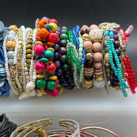 Mixed Costume Jewelry Bracelet Lot Vintage to Modern Beaded Bangles Cuffs