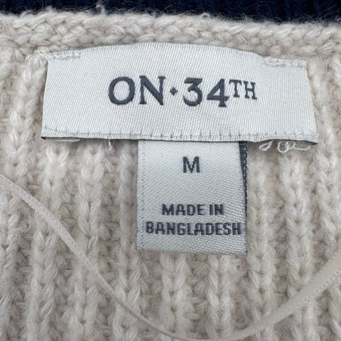 On 34th Women's Sweater Cream Navy Ribbed V-Neck Varsity Stripe Pointelle Sz M