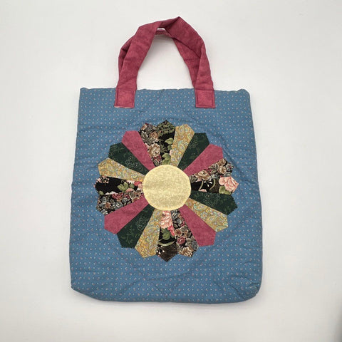 Vintage Dresden Plate Patchwork Quilted Blue Fabric Floral Tote Handbag