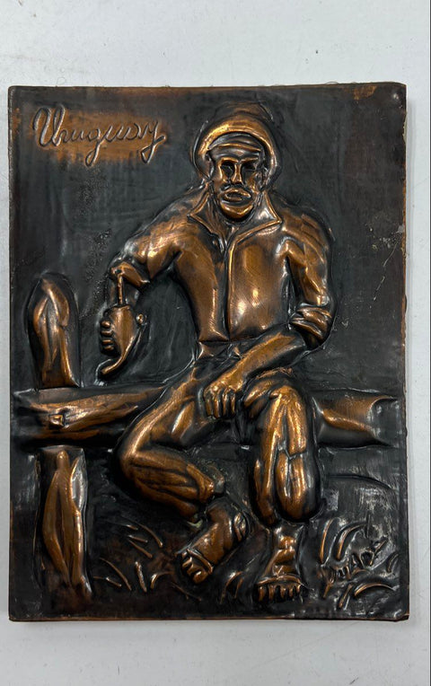 DuArt Signed Hammered Copper Relief Plaques Uruguay Gaucho Folk Art Set of 2