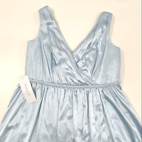 Azazie Women's Sky Blue Tanicia Satin Maxi Dress V-Neck Braided Waist Sz 16 NWT
