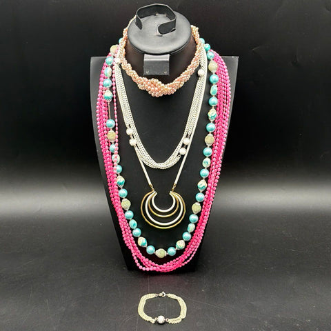 Vintage Costume Jewelry Lot 6pc Pink Blue Faux Pearl Necklaces Bracelet