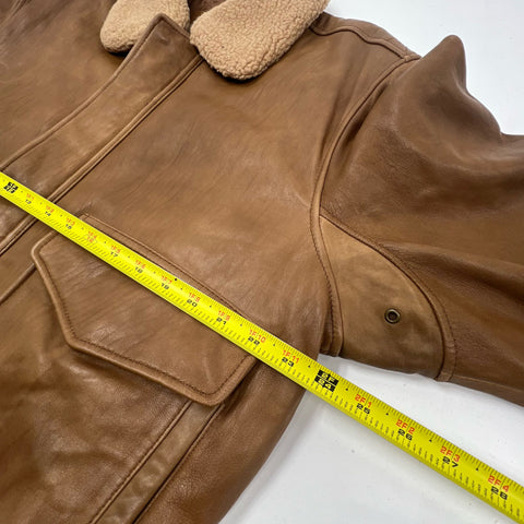 Vintage Y2K Madison Creek Brown Leather Sherpa Collar Flight Bomber Jacket Mens