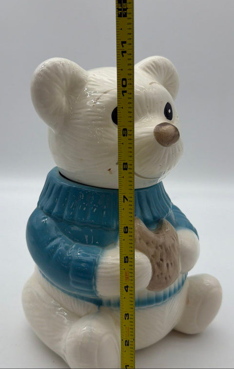 Vintage Welcome Ceramic Bear Cookie Jar White Blue Sweater Taiwan 12 Inch