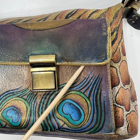 Anuschka Hand Painted Leather Shoulder Bag Peacock Animal Print Gold Hardware