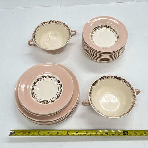 American Limoges Federal Coral Pink 22K Gold China Set 19pc Soup Bowls Plates