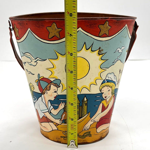 Vintage Litho Tin Sand Pail and Shovel Set Children Beach Scene Toy 1950s