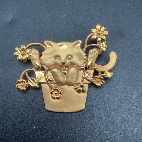 Vintage Gold Tone Cat Brooches Lot of 2 Feline Garden and Fence Designs