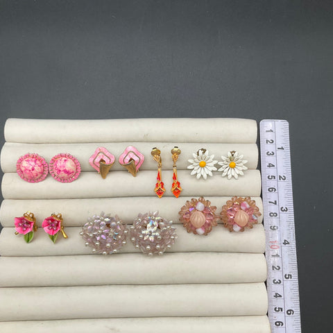 Vintage Floral Enamel Clip On Earrings Lot of 7 Pairs Mid-Century Retro Styles