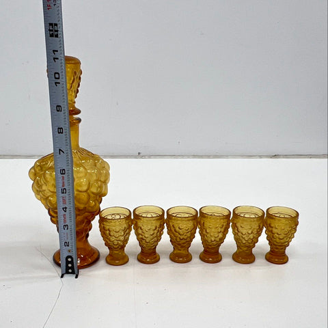 Pressed Glass Grape Harvest 7 Piece Decanter Set Amber 6 Footed Glasses Vintage