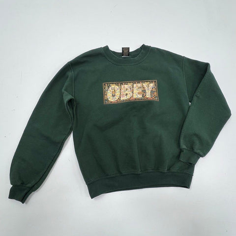 Obey Men's Green Graphic Crewneck Sweatshirt Streetwear Tapestry Logo Size S