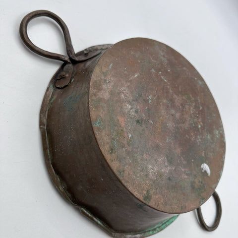 Vintage Copper Pot Primitive Rustic Verdigris Patina Iron Handles 11" Bowl
