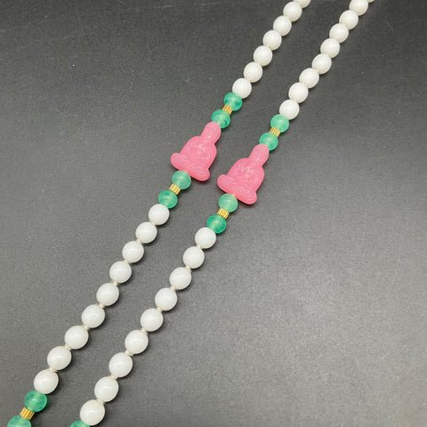 Vintage Milk Glass Pink Plastic Buddha Beaded Necklace Costume Jewelry 32"