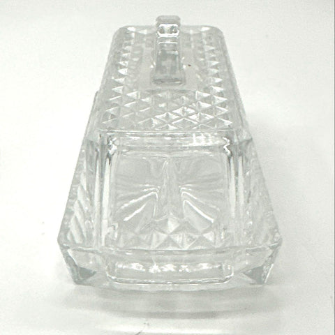 Vintage Pressed Glass Diamond Point Butter Dish & Salt Pepper Shaker Set Clear