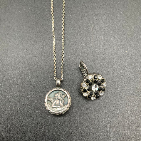 Mariana Israel Cherub Necklace & Single Black and Clear Crystal Cluster Earring