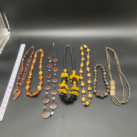Boho Statement Wood Bead & Resin Necklace Lot of 7 Earthy Tribal Style Jewelry