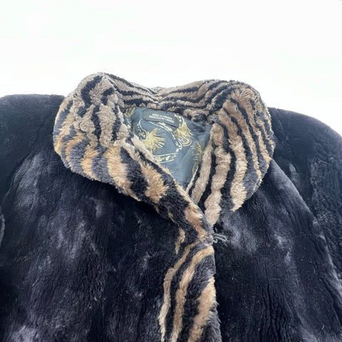 Vintage 80s Faux Fur Swing Coat Zebra Animal Print Trim Made in Canada SJW