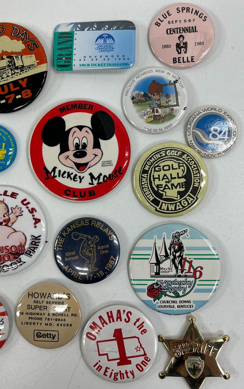 Vintage Pinback Button Lot of 24 Mickey Mouse Kentucky Derby Delta Kewpie Pins