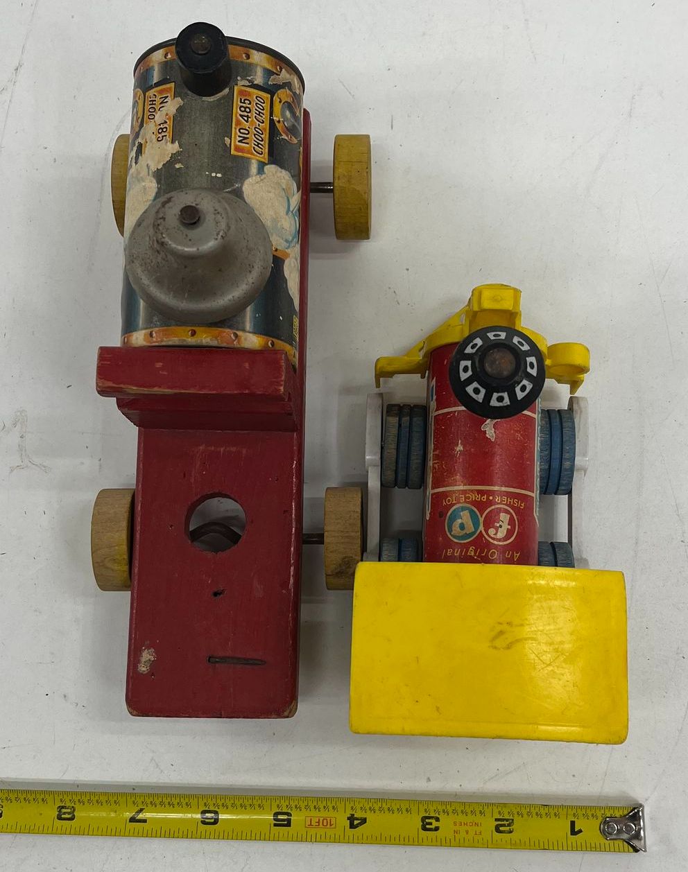 Vintage 60s Fisher Price Wood Pull Toy Train Lot Toot-Toot & No. 485 Choo Choo