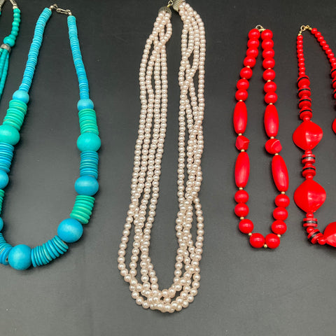 Vintage Costume Jewelry Lot 12pc Red Turquoise Faux Pearl Necklaces Earrings