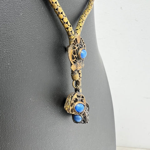 Vintage Art Nouveau Style Brass Tone Blue Stone Filigree Lariat Necklace