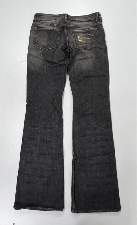 Vintage Y2K Just Cavalli Women's Gray Flared Rhinestone Logo Denim Jeans Sz 28